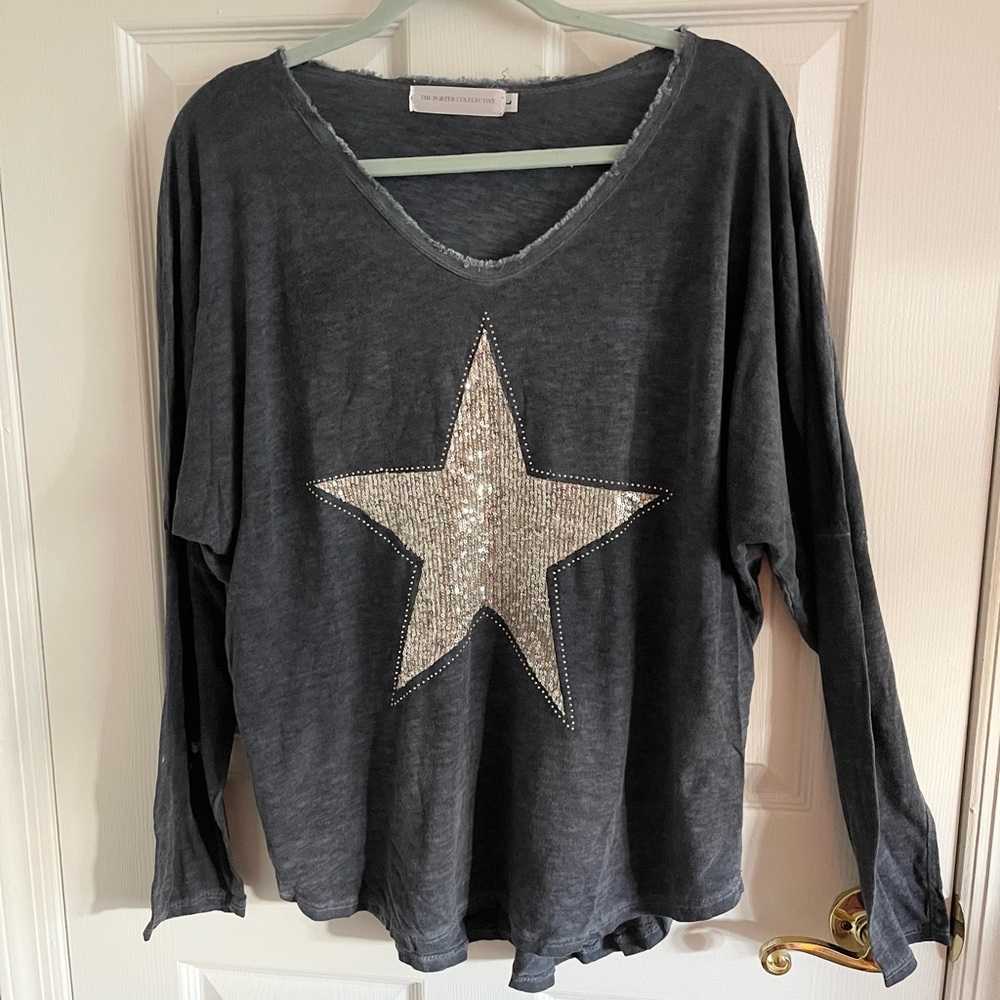 Porter Collective Navy Star Appliqué Long Sleeve Cotton Tee